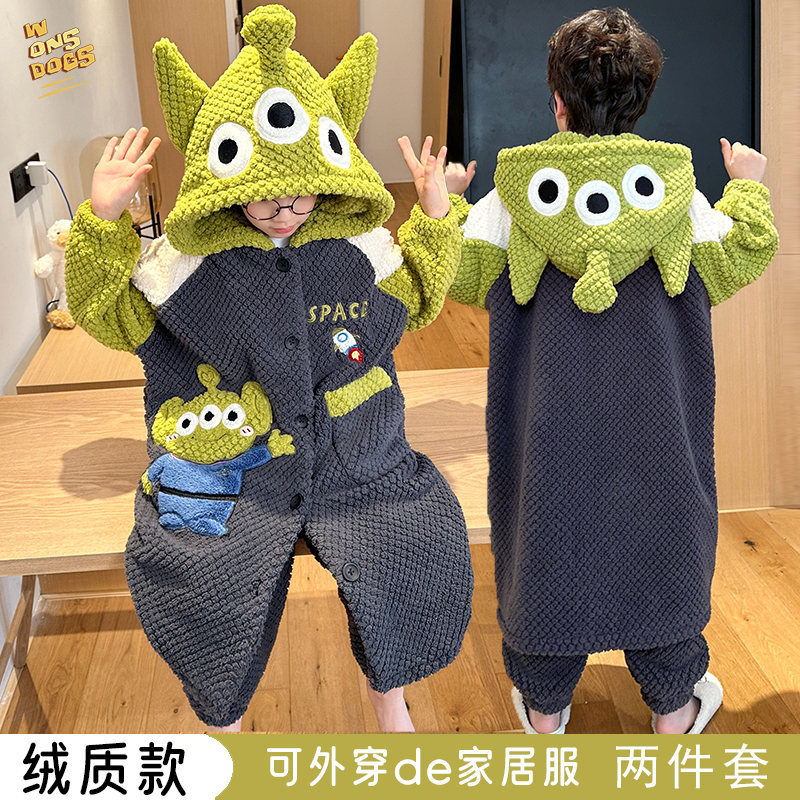 卡通儿童睡衣男童睡袍秋冬保暖加厚男孩珊瑚法兰绒亲子家居服套装