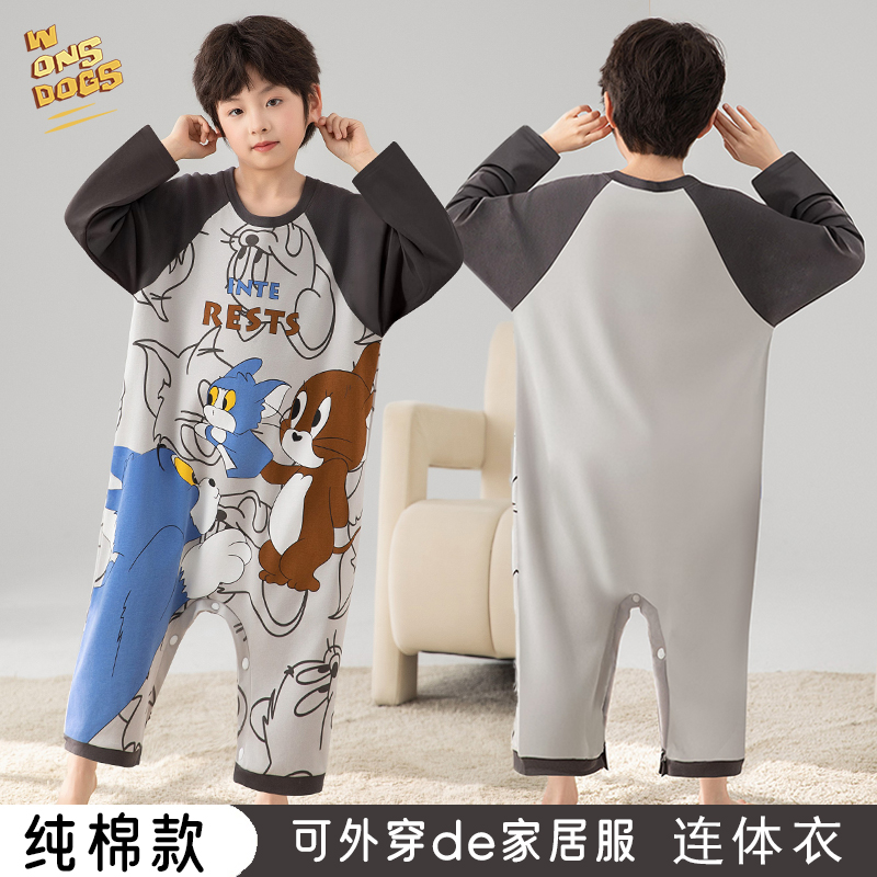汤姆儿童连体男童睡衣纯棉春秋长袖薄小男孩中大童空调家居服睡袋