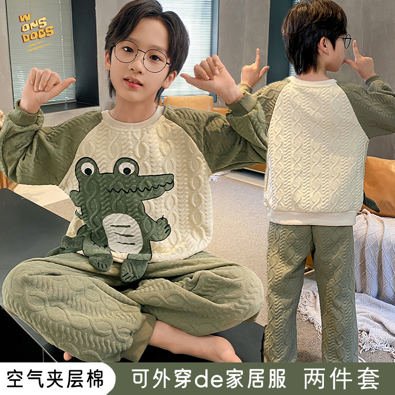 秋冬儿童睡衣男童空气夹层棉质保暖厚卡通长袖男孩大童家居服套装