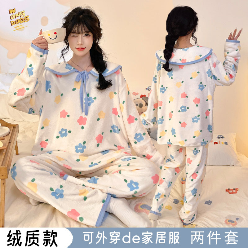 秋冬季法兰绒睡衣女童保暖厚女孩学生亲子娃娃领家居服珊瑚绒套装