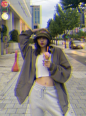 Jennie同款Lisa灰色加绒加厚卫衣女秋冬连帽宽松拉链开衫上衣外套