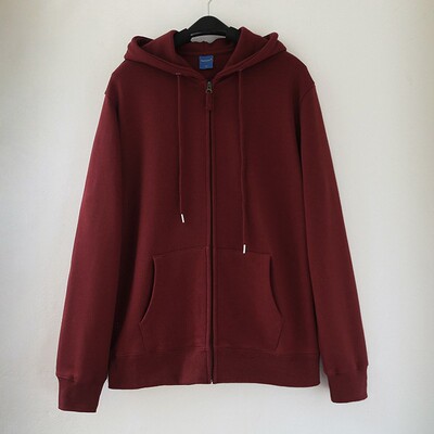 原创春秋男女情侣款宽松拉链上衣酒红色卫衣连帽开衫运动休闲外套