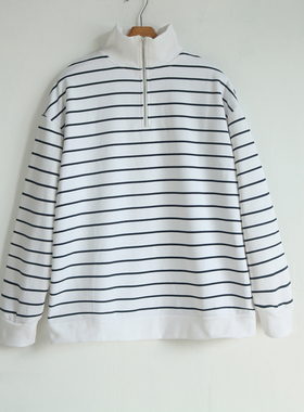 日系条纹卫衣女春秋2025新款长袖情侣装半拉链polo衫翻领上衣男女