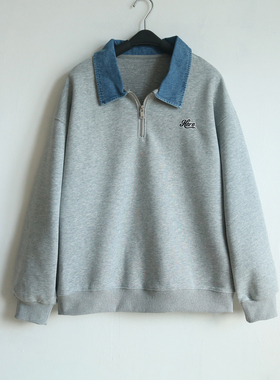 2025新款美式翻领牛仔领秋冬卫衣女宽松假两件显瘦纯色半拉链上衣