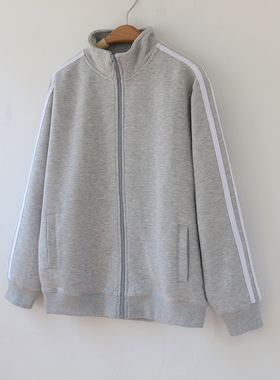 2025春秋原创BF风男女情侣三条杠运动休闲立领浅灰卫衣外套上衣潮