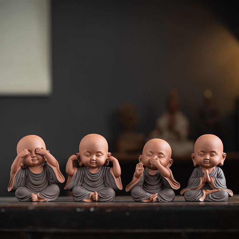 紫砂禅意佛系四不小和尚茶宠摆件创意陶瓷人物家居茶空间造景装饰