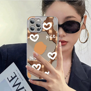 辣妹豹纹爱心镜面用苹果16promax手机壳镂空雏菊iphone15女神星星14网红13少女心补妆镜子12小众11全包防摔壳