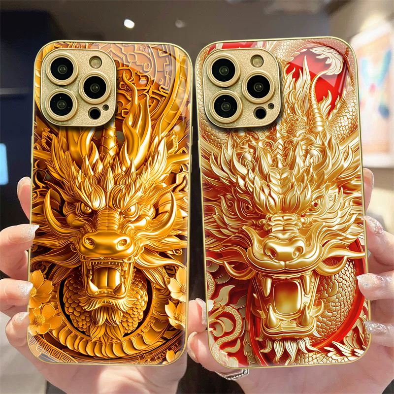 国潮复古3D龙头适用苹果17promax手机壳华为p80新年发财情侣小米15个性Reno14全包潮男女QOO14钢化玻璃壳