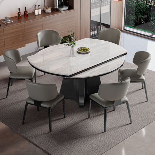 意式轻奢天然大理石餐桌可伸缩方圆俩用餐桌椅组合微晶石家用饭桌
