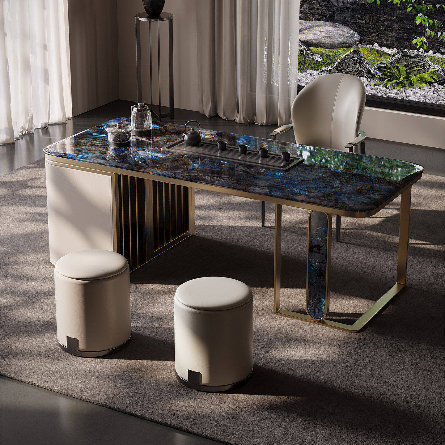 意式轻奢天然奢石阳台茶桌设计师高级感办公家用一体大理石泡茶台