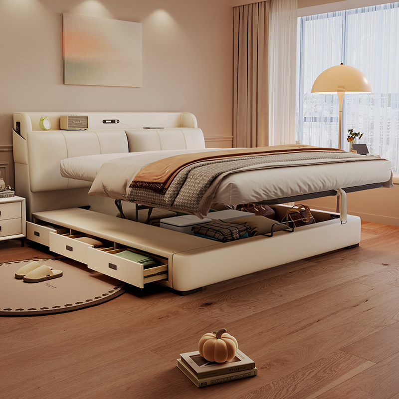 沐晨头层牛皮床头可储物床多功能真皮床双人主卧平移气压落地婚床