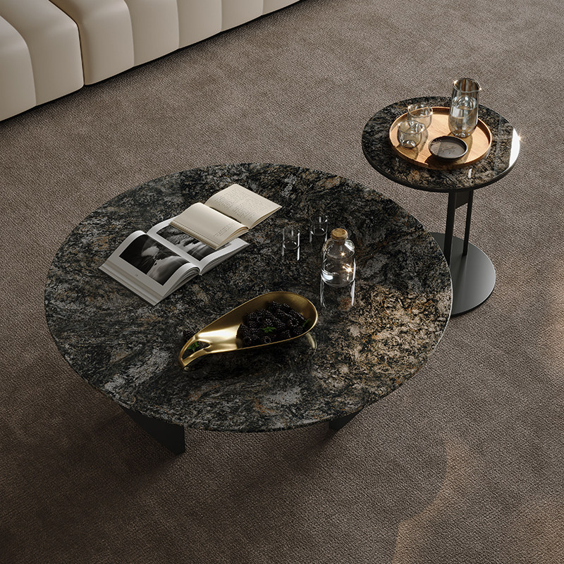 意式高端大理石茶几轻奢高级感客厅现代简约高档圆形茶几边几组合