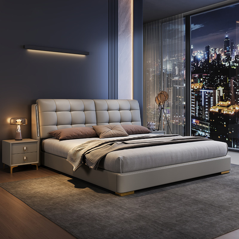 沐晨头层牛皮真皮床主卧多功能可调节软包双人婚床储物轻奢大床