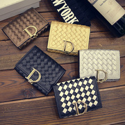 新款编织纹韩版时尚潮流D字小款钱包女士荔枝纹三折短款钱夹卡包