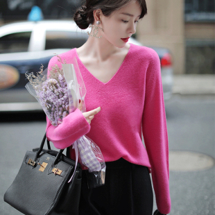 针织衫 岛精无缝全成型桃心领长袖 2025 惊艳水玫红和黑 100%纯羊毛