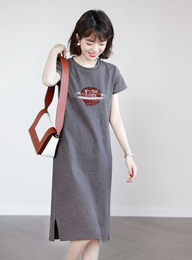 清仓 夏季大气亮片刺绣星球图案显瘦直筒短袖T恤裙外贸长款连衣裙