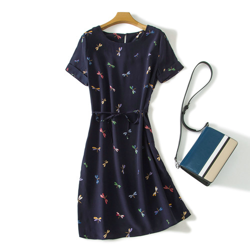 彩色蜻蜓腰部系带重磅真丝连衣裙