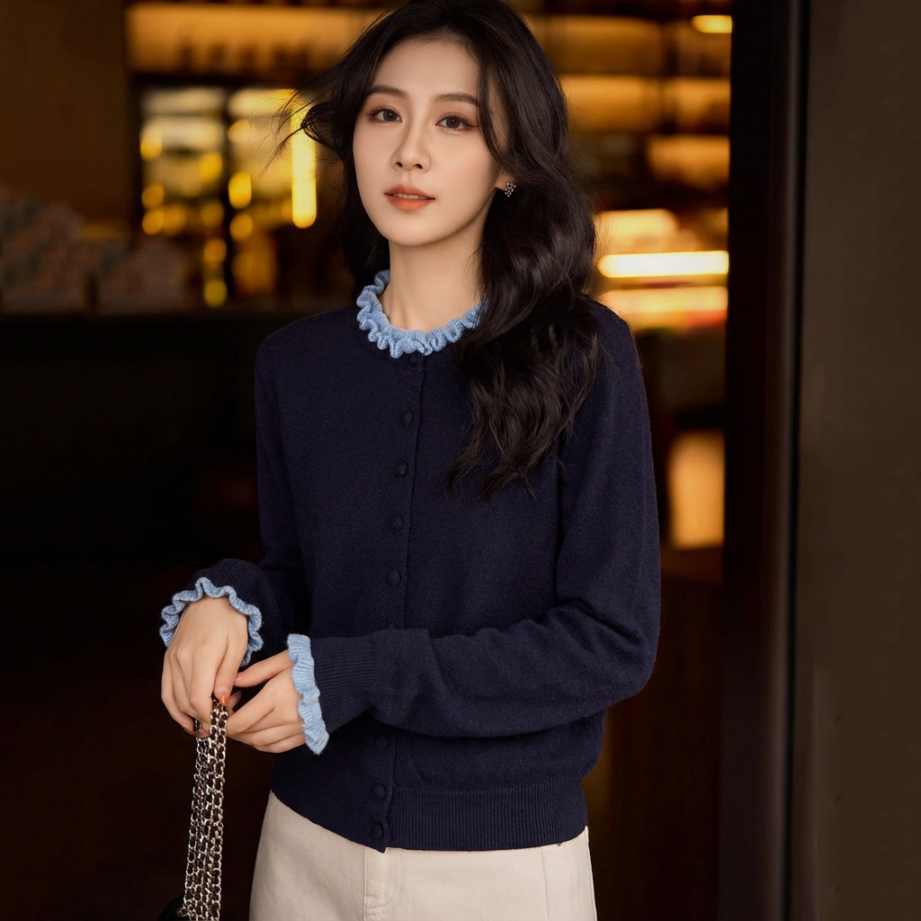 100%羊毛撞色木耳边亲肤软糯全羊毛单排扣宽松长袖针织开衫秋冬女,女装/女士精品,毛针织衫,淘宝优惠券,粉丝福利购,淘宝优惠卷