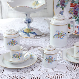 现货德国小众名瓷Hochst手绘蝴蝶结花簇摄政风咖啡壶糖奶杯2人份