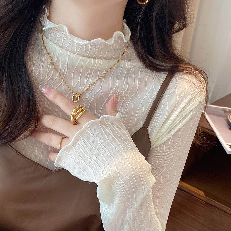 蕾丝打底衫女2024新款秋季薄款白色小香风内搭半高领网纱黑色上衣