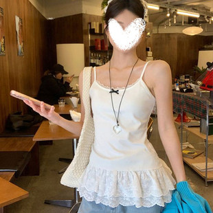 白色吊带背心女春夏外穿修身叠穿内搭芭蕾风蕾丝下摆花边打底上衣
