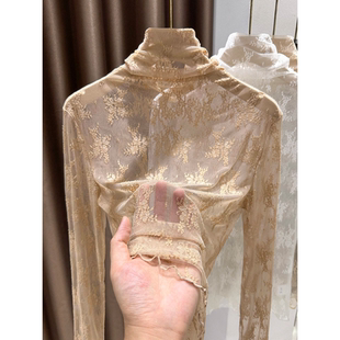 红色蕾丝超好看打底衫女内搭叠穿设计感修身透明薄纱高领网纱小衫