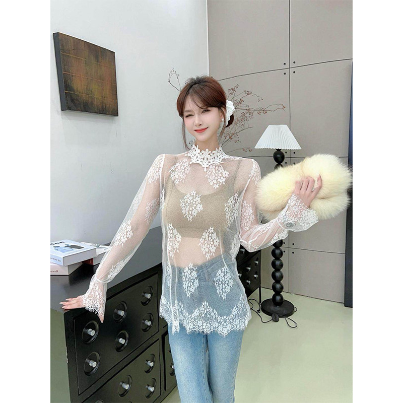 2026春夏中长款睫毛蕾丝上衣女白色透明小衫高级内搭薄纱衣打底衫