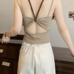 假两件镂空露背小吊带背心女夏季外穿带胸垫打底衣甜辣妹挂脖上衣