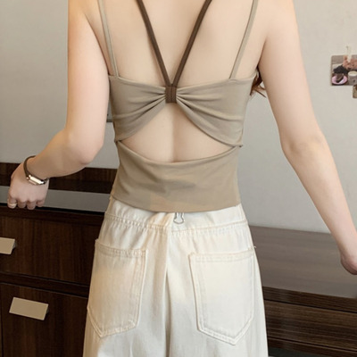 假两件镂空露背小吊带背心女夏季外穿带胸垫打底衣甜辣妹挂脖上衣