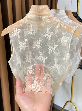 网纱假领子女百搭假领秋冬新款无袖背心女短款高领蕾丝打底衫内搭