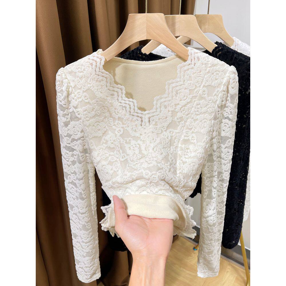 加绒加厚低领蕾丝打底衫女秋冬季洋气内搭雪尼尔V领磨毛长袖上衣