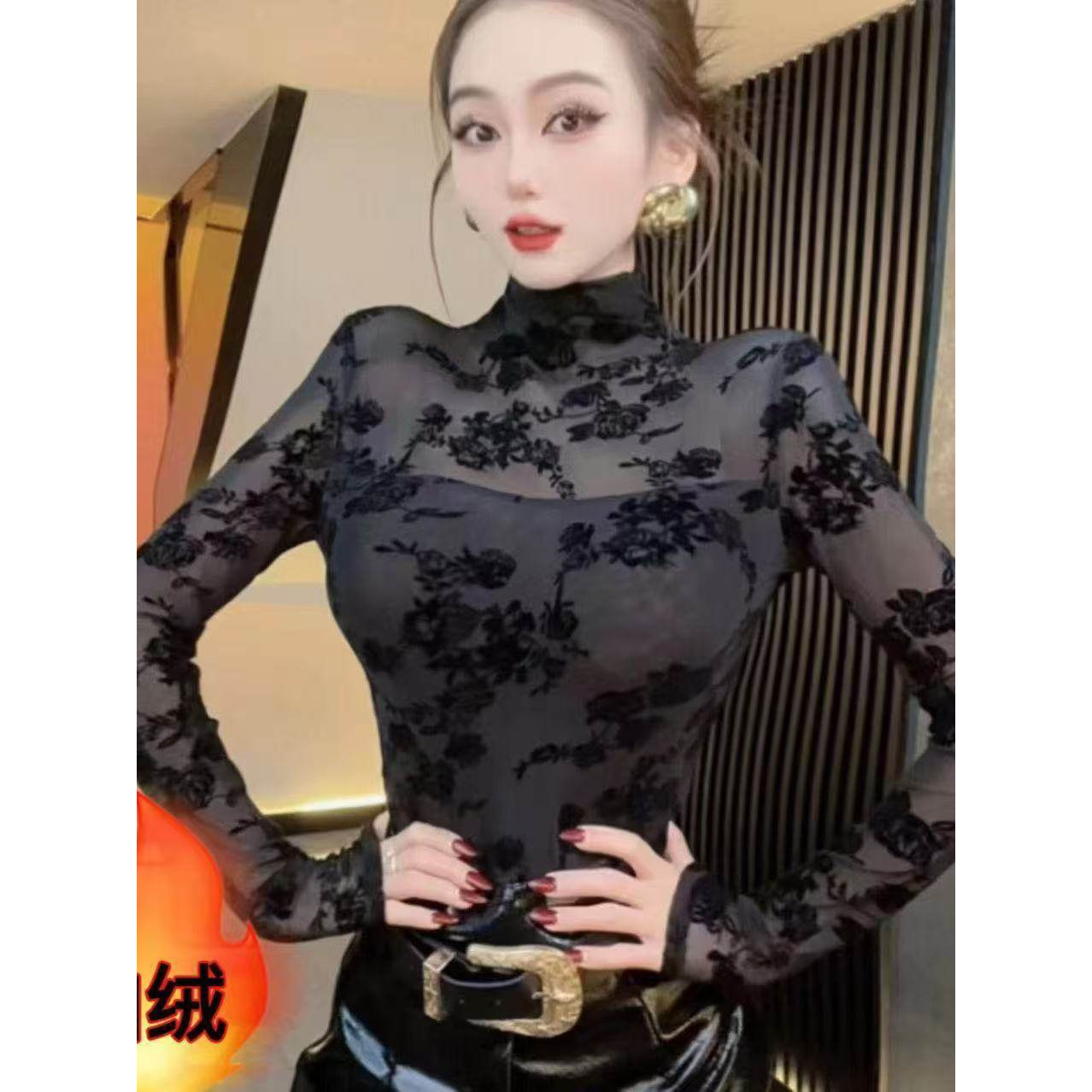 秋冬季新款黑色蕾丝打底衫洋气百搭半高领加绒长袖网纱上衣高级感