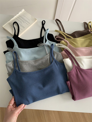 带胸垫弹力螺纹棉短款内搭打底无袖吊带上衣女外穿紧身露脐小背心