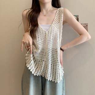 波西米亚风吊带女内搭夏季大码胖mm镂空罩衫背心无袖v领针织上衣