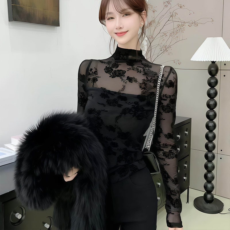 半高领微透女士春秋冬打底衫2026新款高级t恤法式蕾丝衫黑色上衣