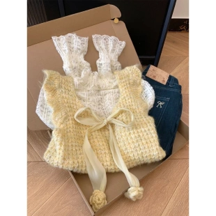 女早秋季 2025韩系甜美蝴蝶结针织背心蕾丝打底衫 推荐 自留爆款