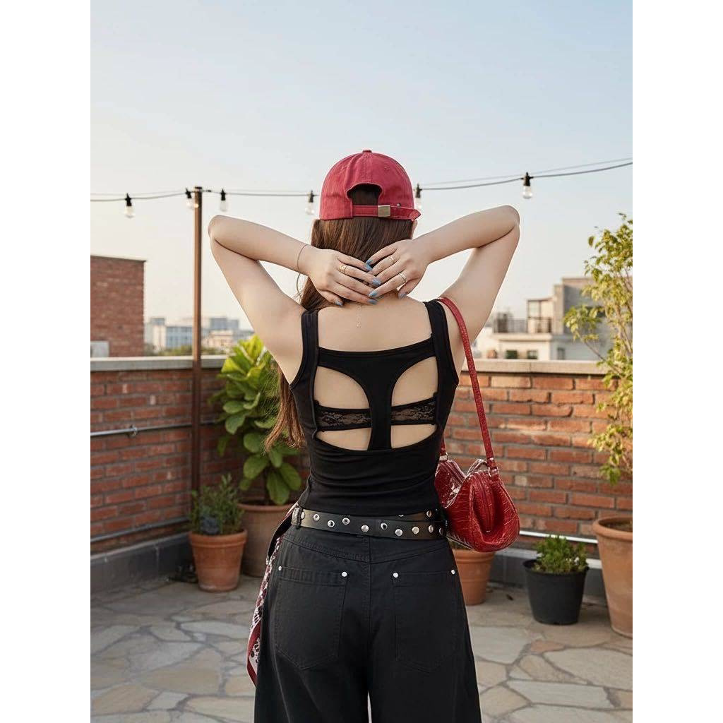 辣妹性感蕾丝拼接镂空露背修身上衣女纯欲带胸垫工字背心裹胸内衣