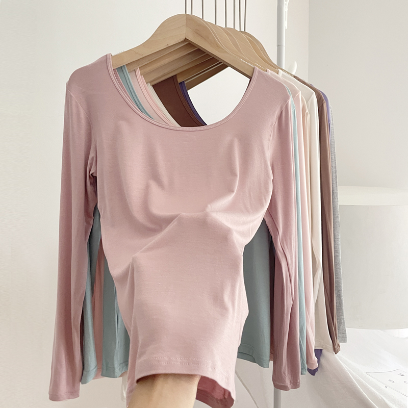 豆沙色U领长袖T恤女秋季