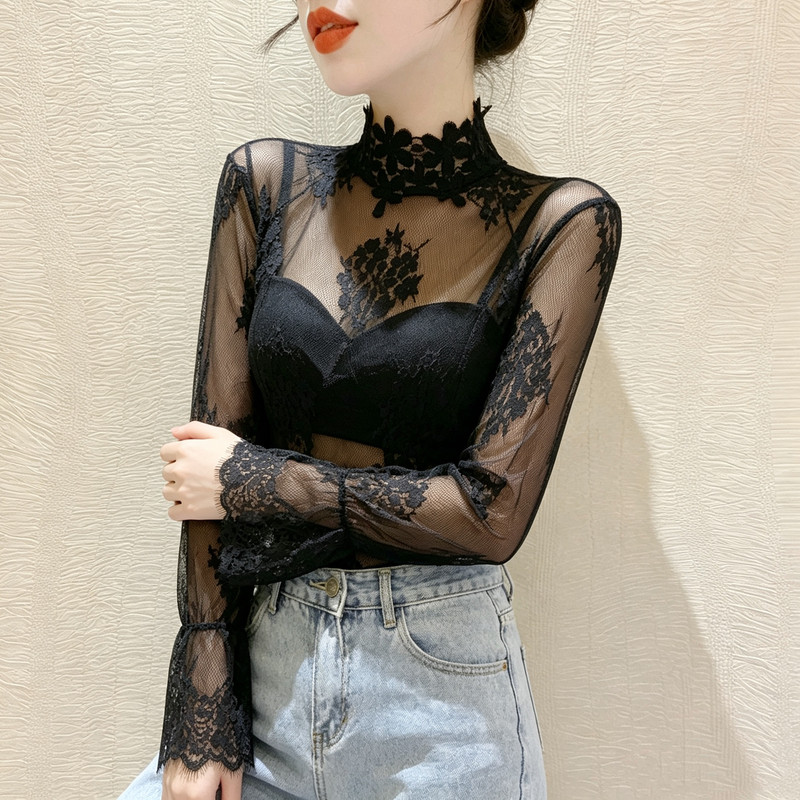 透明性感蕾丝打底衫女2026新款秋立领高级感内搭长袖网纱镂空上衣