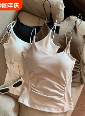 辣妹纯欲褶皱白色吊带背心女带胸垫夏内搭外穿显瘦美背上衣内衣女