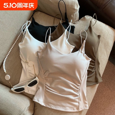 辣妹纯欲褶皱白色吊带背心女带胸垫夏内搭外穿显瘦美背上衣内衣女