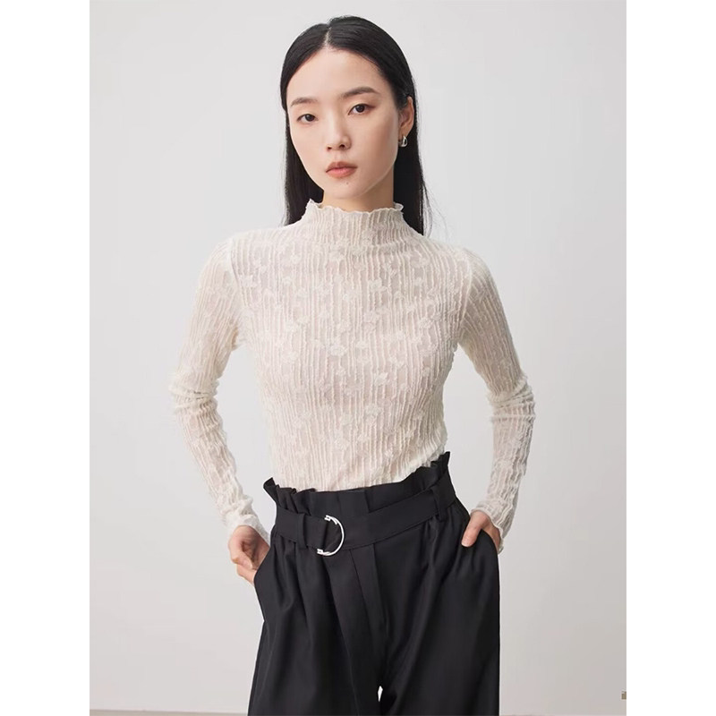 白色半高领蕾丝网纱针织衫女2026春秋新款修身显瘦内搭打底衫上衣