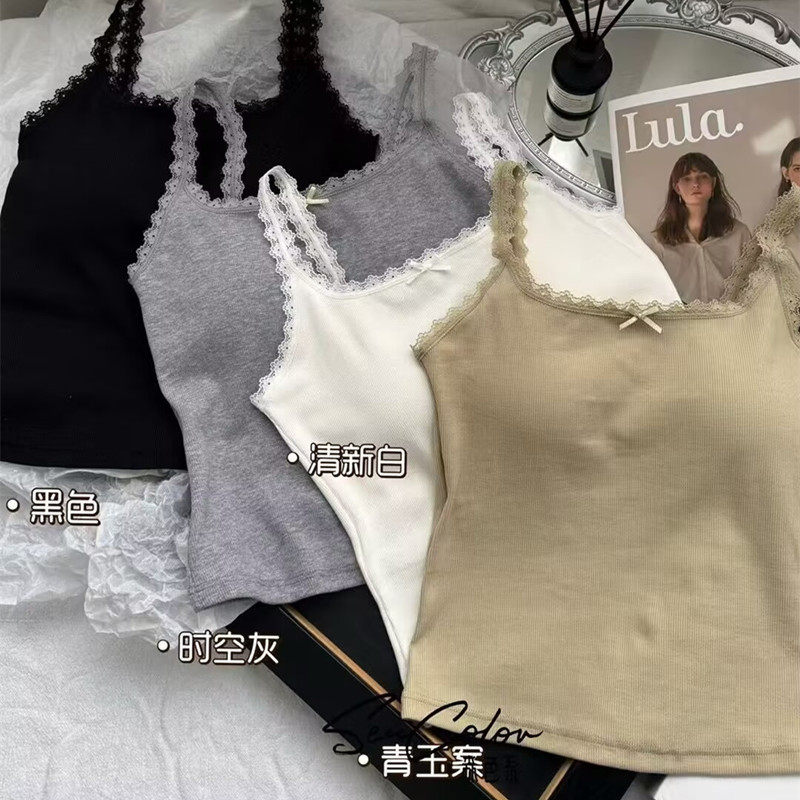 2025韩版新款蕾丝吊带背心女带胸垫外穿修身显瘦固定杯美背上衣