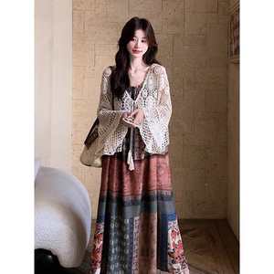 波西米亚镂空钩花蕾丝防晒罩衫女夏季民族风系带吊带裙外搭披肩薄