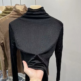 薄款 黑色小衫 透视上衣 女秋冬纯色网纱内搭洋气时尚 蕾丝高领打底衫