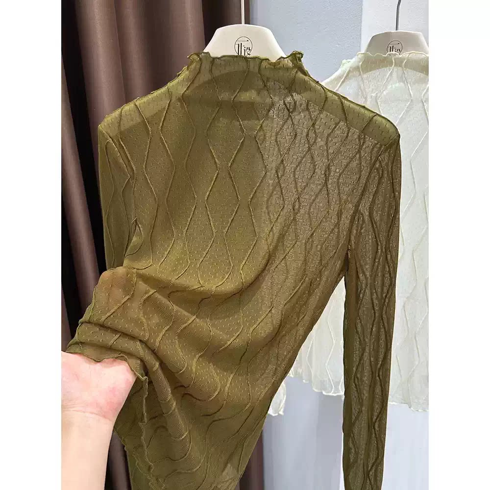 咸菜绿半高领蕾丝花边打底衫2025新款女士秋冬高腰超好看别致上衣