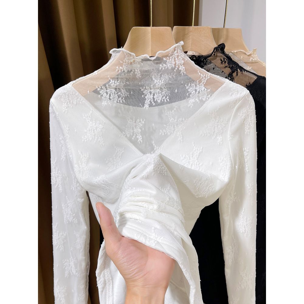 白色高领加绒蕾丝打底衫女高级感秋冬新款内搭叠穿保暖长袖上衣女