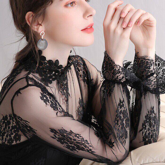 蕾丝打底衫女2021春装新款纱衣长袖内搭洋气纱网秋冬透明网纱上衣