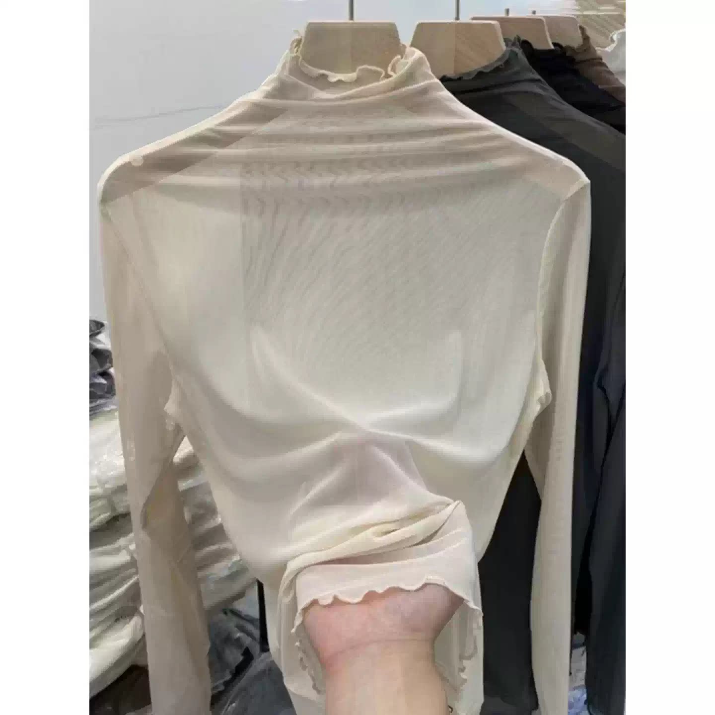 高领薄款蕾丝上衣女秋季大码透视内搭打底衫女士独特网纱长袖t恤