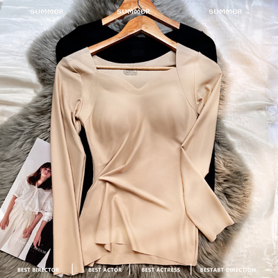 无痕带胸垫上衣长袖V领聚拢美体